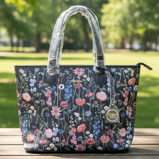 Cotton Road Shopper Bag: LARGE BLACK FLORAL PU Leather Bag with couchette