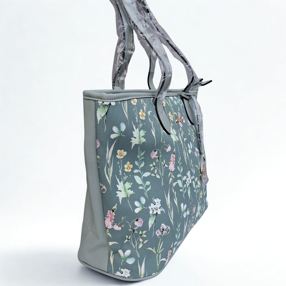 Cotton Road Shopper Bag: LARGE GREEN FLORAL PU Leather Tote Bag with COUCHETTE