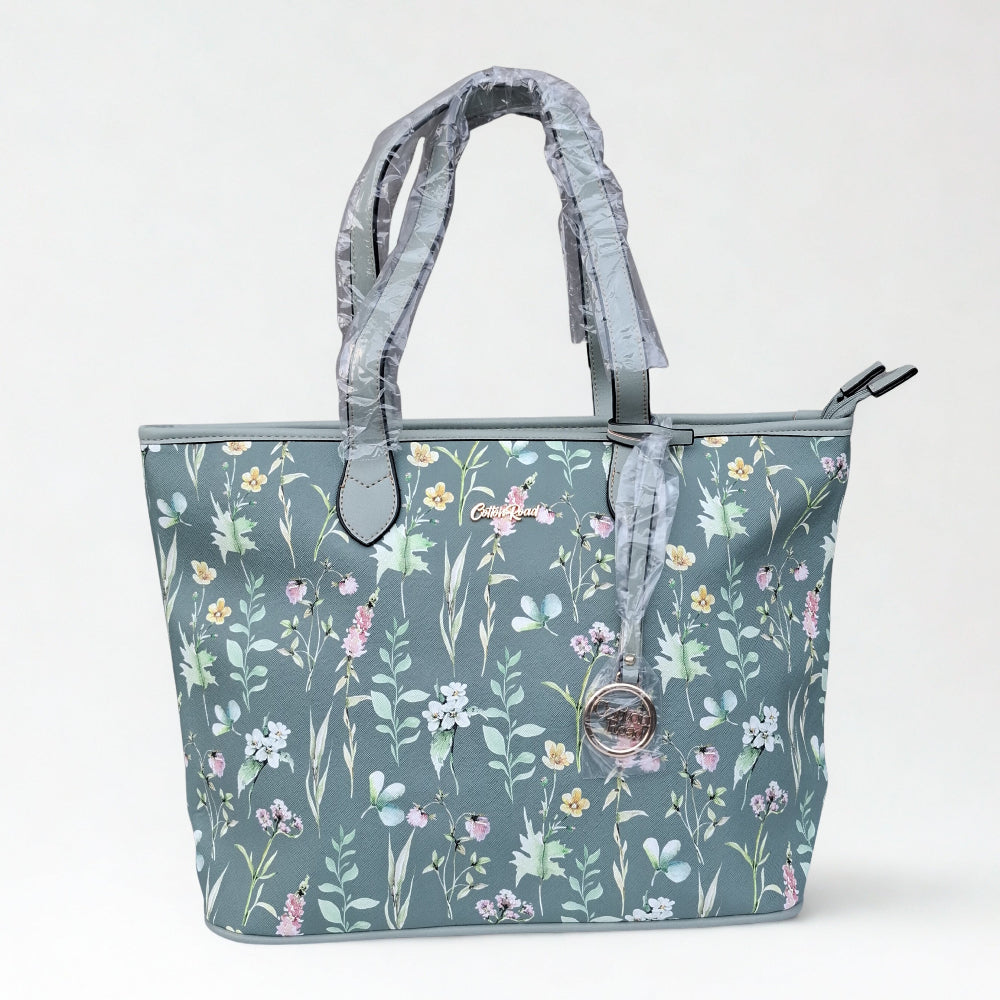 Cotton Road Shopper Bag: LARGE GREEN FLORAL PU Leather Tote Bag with COUCHETTE