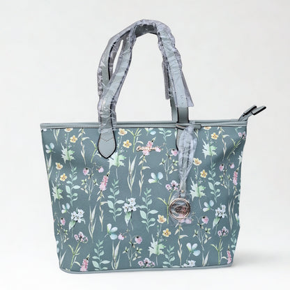 Cotton Road Shopper Bag: LARGE GREEN FLORAL PU Leather Tote Bag with COUCHETTE