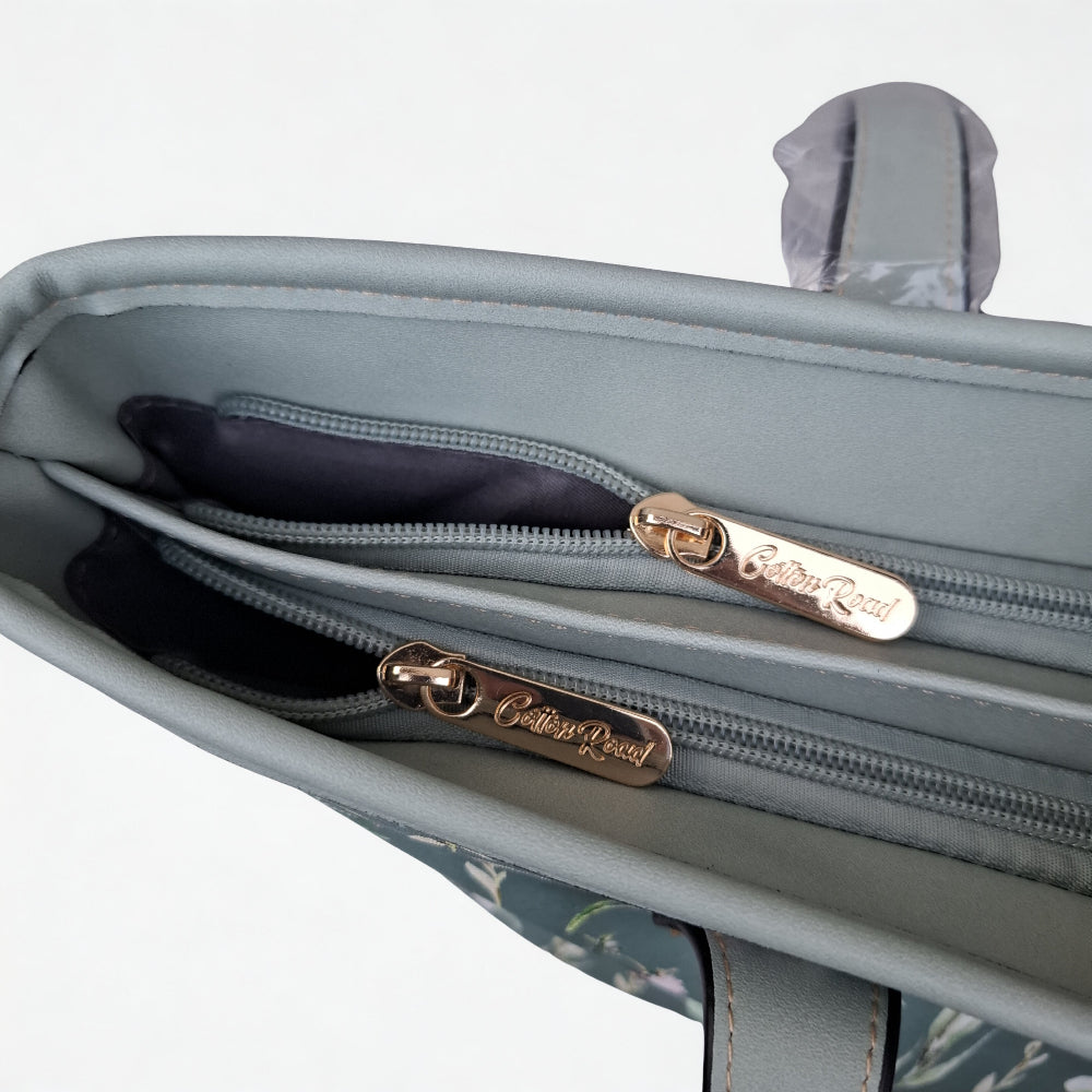 Cotton Road Shopper Bag: LARGE GREEN FLORAL PU Leather Tote Bag with COUCHETTE