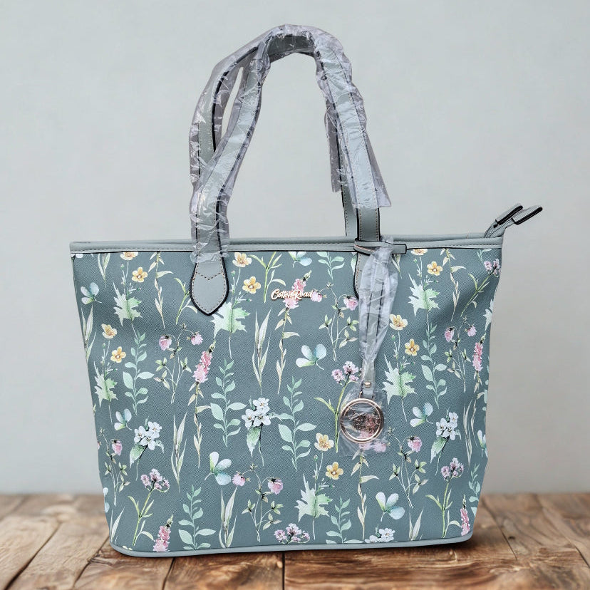 Cotton Road Shopper Bag: LARGE GREEN FLORAL PU Leather Tote Bag with COUCHETTE