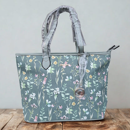 Cotton Road Shopper Bag: LARGE GREEN FLORAL PU Leather Tote Bag with COUCHETTE