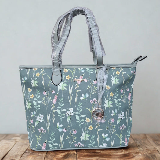 Cotton Road Shopper Bag: LARGE GREEN FLORAL PU Leather Tote Bag with COUCHETTE