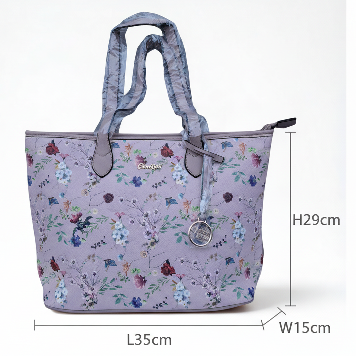 Cotton Road Tote Bag: PINK PU Leather Floral Shopper with Couchette