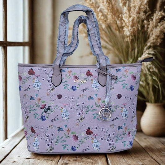 Cotton Road Shopper Bag: LARGE PINK FLORAL PU Leather Tote Bag with couchette