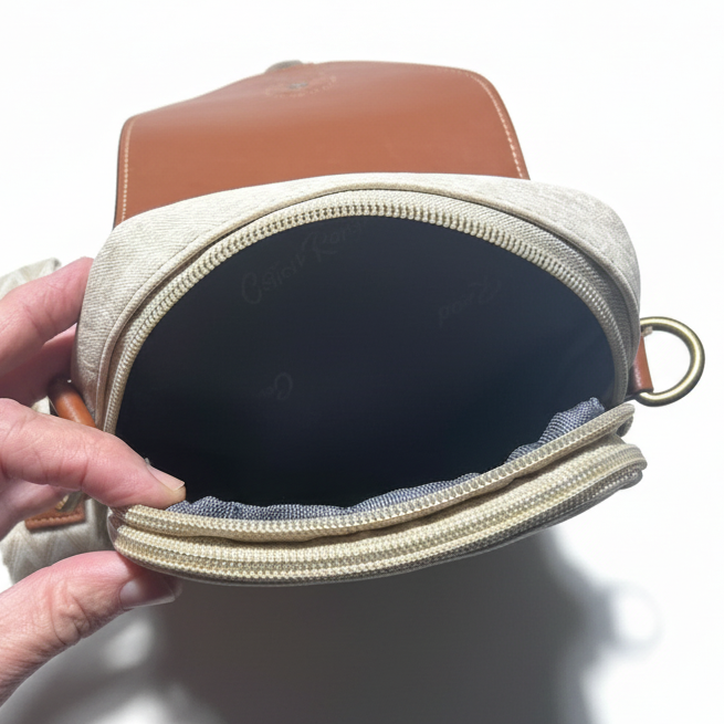 Cotton Road Sling Bag: BEIGE PU Leather Sling Bag with Closure Clip OPEN