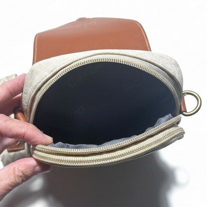 Cotton Road Sling Bag: BEIGE PU Leather Sling Bag with Closure Clip OPEN