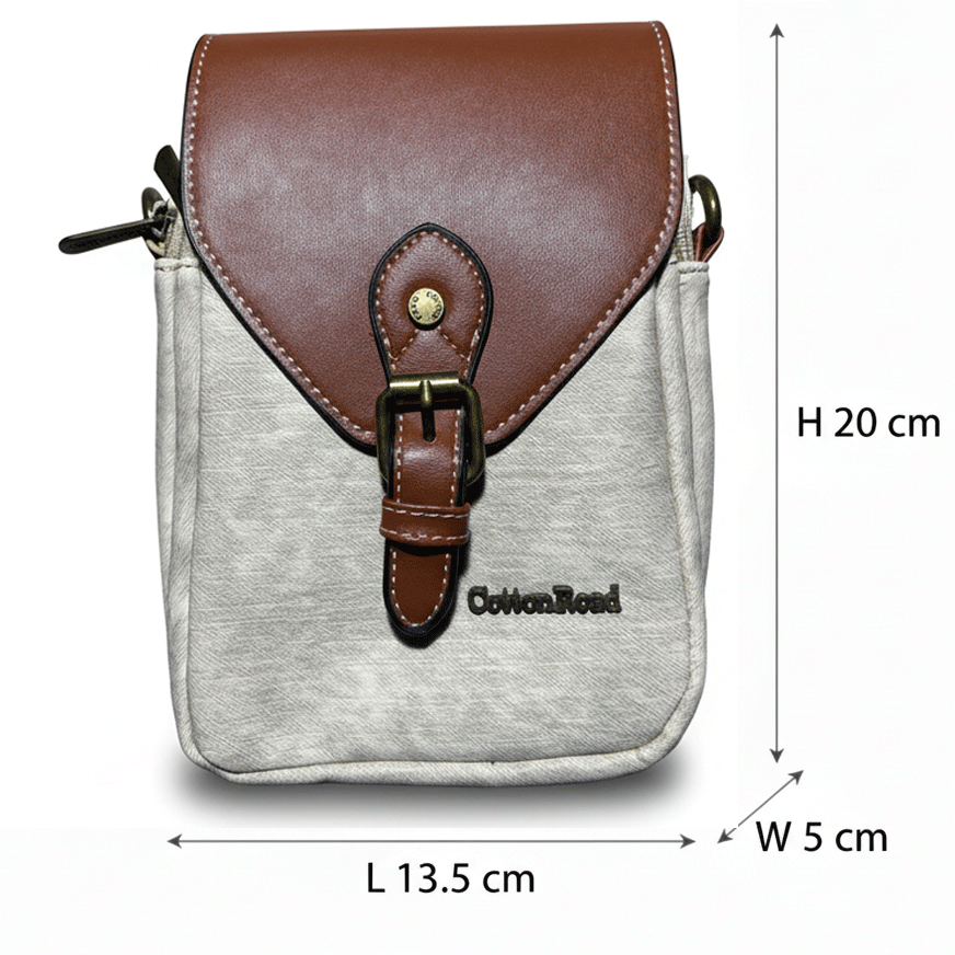 Cotton Road Sling Bag: BEIGE PU Leather Sling Bag with Closure Clip SIZE