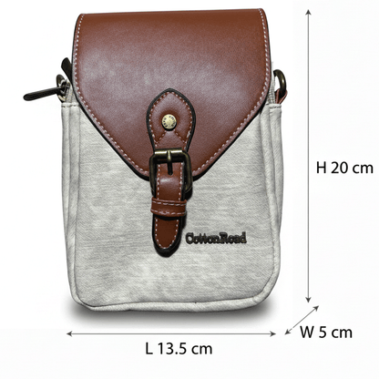 Cotton Road Sling Bag: BEIGE PU Leather Sling Bag with Closure Clip SIZE