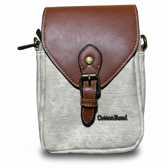Cotton Road Sling Bag: BEIGE PU Leather Sling Bag with Closure Clip FRONT