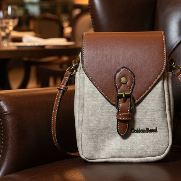 Cotton Road Sling Bag: BEIGE PU Leather Sling Bag with Closure Clip