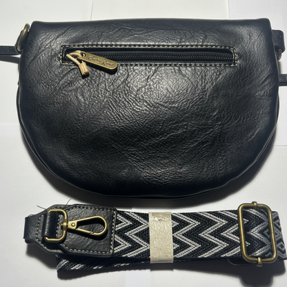 COTTON ROAD SLING BAG: BLACK PU Leather Crossbody Bag with woven strap BACK