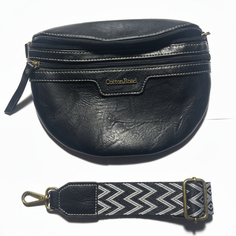 COTTON ROAD SLING BAG: BLACK PU Leather Crossbody Bag with woven strap SET