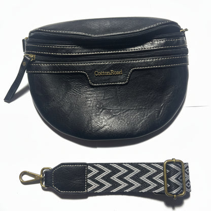 COTTON ROAD SLING BAG: BLACK PU Leather Crossbody Bag with woven strap SET