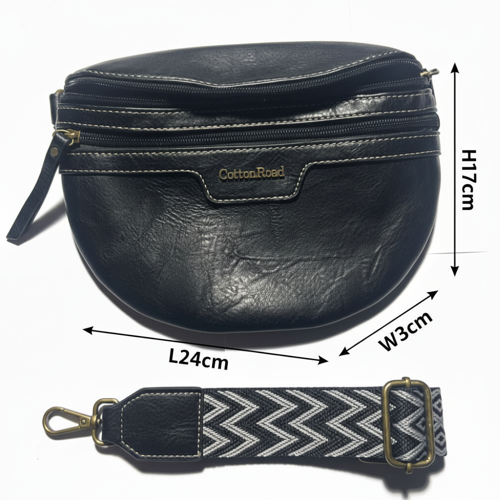 COTTON ROAD SLING BAG: BLACK PU Leather Crossbody Bag with woven strap SIZED
