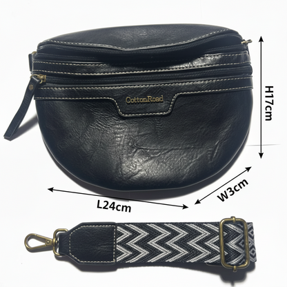 COTTON ROAD SLING BAG: BLACK PU Leather Crossbody Bag with woven strap SIZED