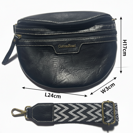 COTTON ROAD SLING BAG: BLACK PU Leather Crossbody Bag with woven strap SIZED
