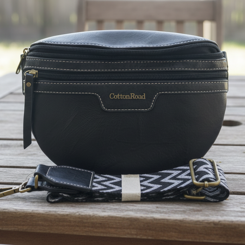 COTTON ROAD SLING BAG: BLACK PU Leather Crossbody Bag with woven strap
