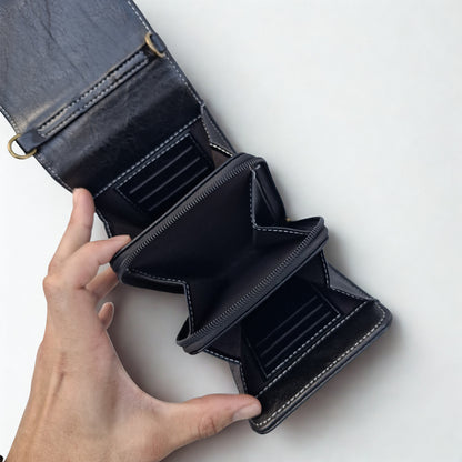 Cotton Road Sling Bag: BLACK PU Leather Mini Sling Bag