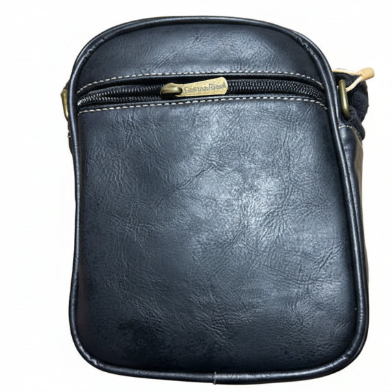 Cotton Road Sling Bag: BLACK PU Leather Sling Bag with Brass Branding BACK VIEW
