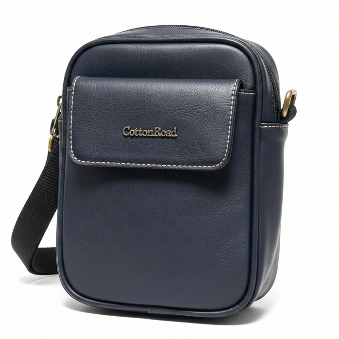 Cotton Road Sling Bag: BLACK PU Leather Sling Bag with Brass Branding VIEW
