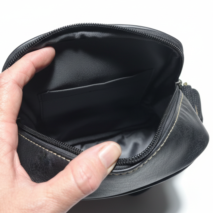 Cotton Road Sling Bag: BLACK PU Leather Sling Bag with Brass Branding INTERIOR