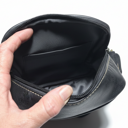Cotton Road Sling Bag: BLACK PU Leather Sling Bag with Brass Branding INTERIOR