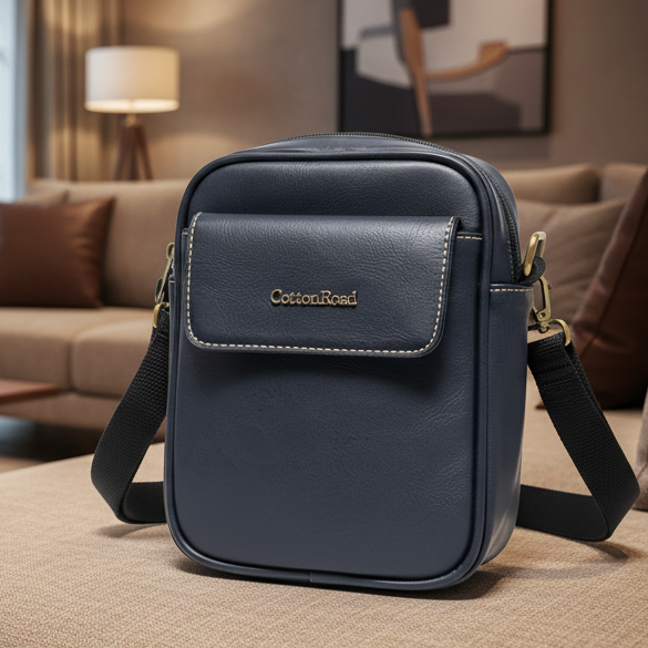 Cotton Road Sling Bag: BLACK PU Leather Sling Bag with Brass Branding LIFESTYLE