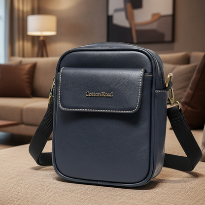 Cotton Road Sling Bag: BLACK PU Leather Sling Bag with Brass Branding LIFESTYLE