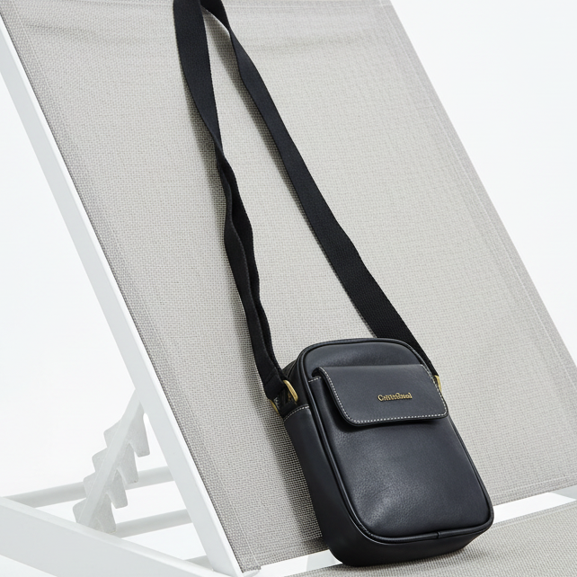 Cotton Road Sling Bag: BLACK PU Leather Sling Bag with Brass Branding ON LOUNGER