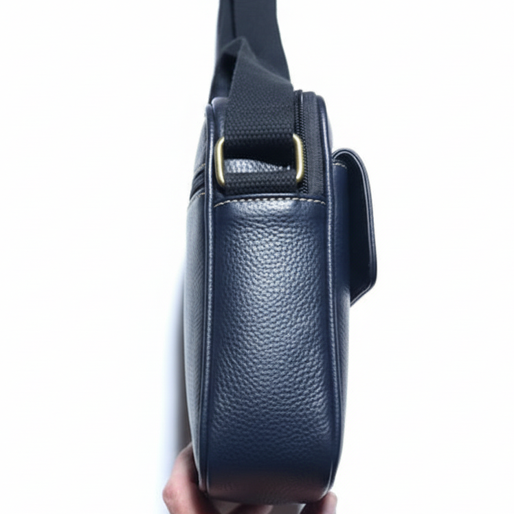 Cotton Road Sling Bag: BLACK PU Leather Sling Bag with Brass Branding SIDE VIEW