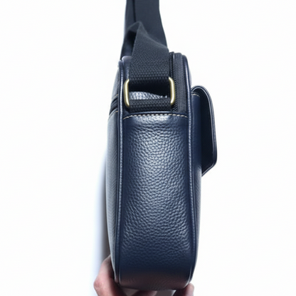 Cotton Road Sling Bag: BLACK PU Leather Sling Bag with Brass Branding SIDE VIEW