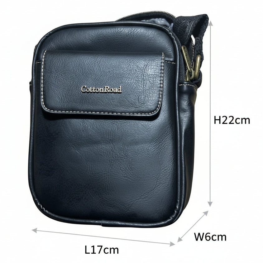 Cotton Road Sling Bag: BLACK PU Leather Sling Bag with Brass Branding SIZED
