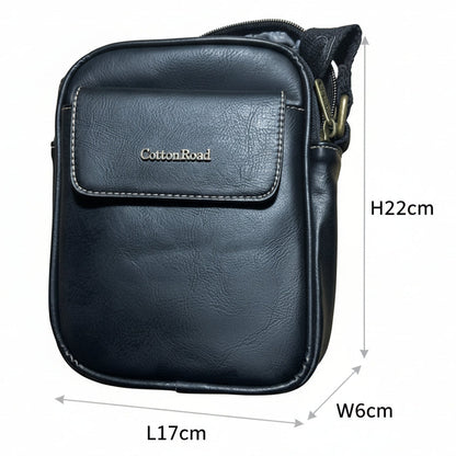 Cotton Road Sling Bag: BLACK PU Leather Sling Bag with Brass Branding SIZED