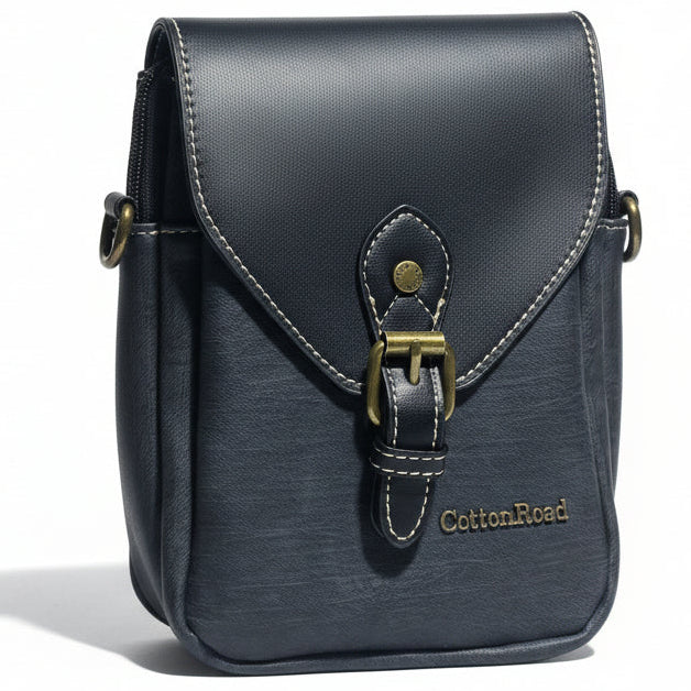 Cotton Road Sling Bag: BLACK PU Leather Sling Bag with Closure Clip FRONT