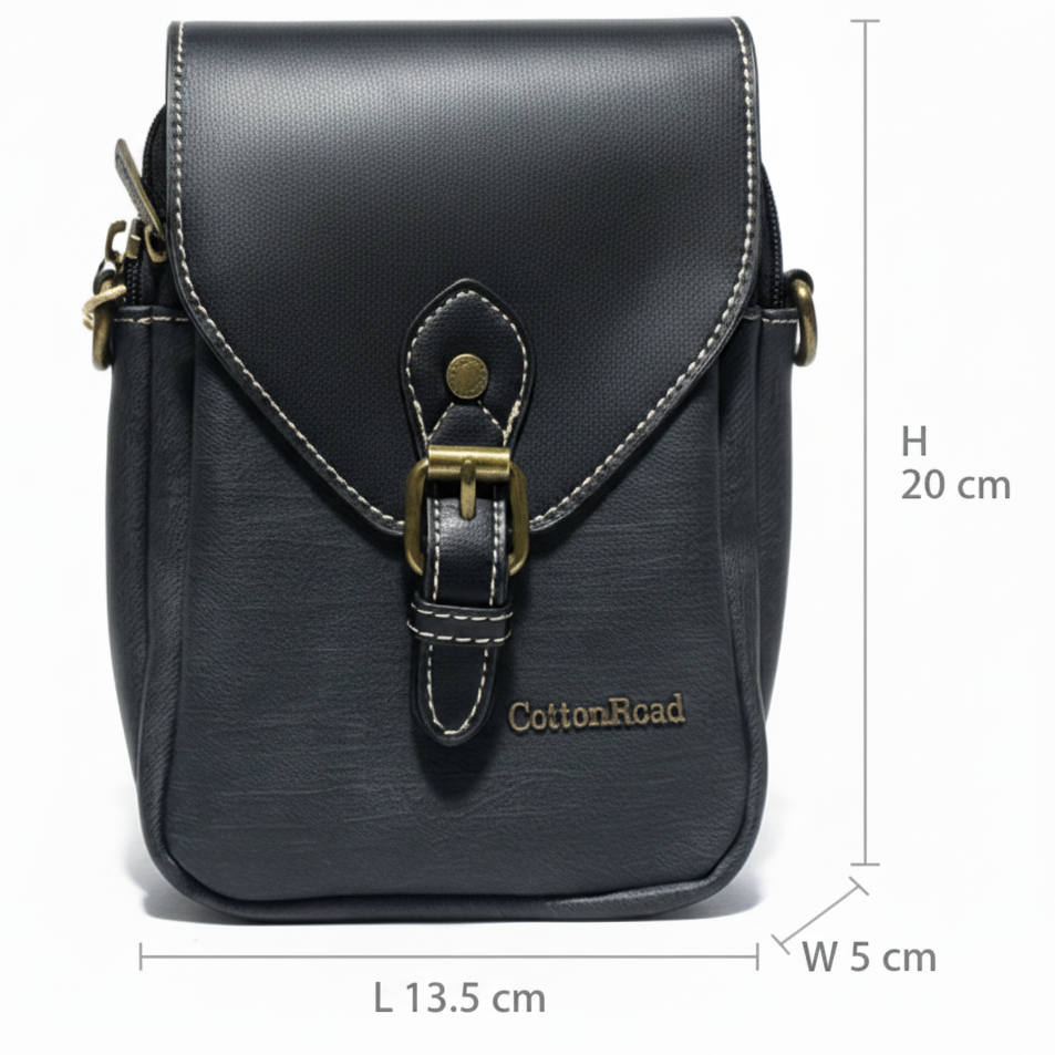 Cotton Road Sling Bag: BLACK PU Leather Sling Bag with Closure Clip SIZED