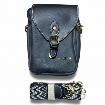 Cotton Road Sling Bag: BLACK PU Leather Sling Bag with Closure Clip SET