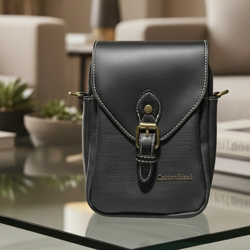 Cotton Road Sling Bag: BLACK PU Leather Sling Bag with Closure Clip