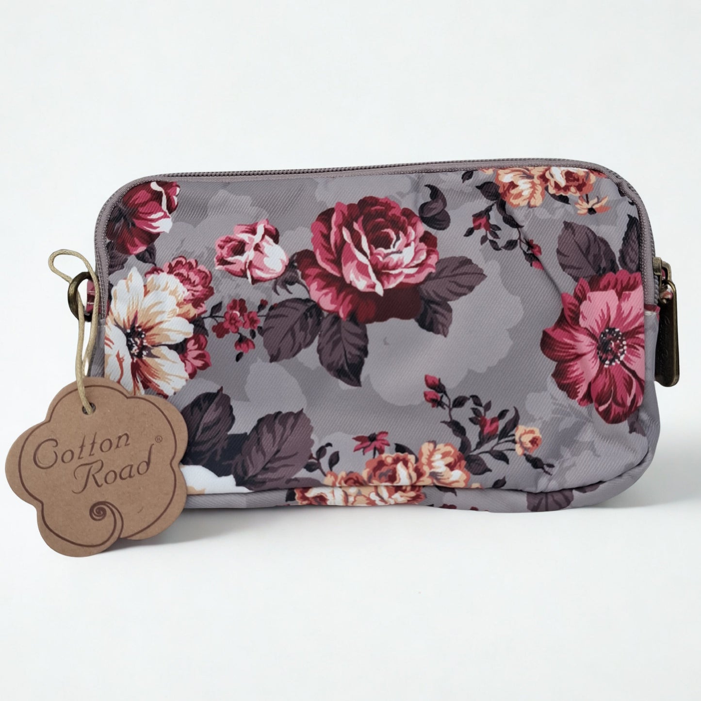 Cotton Road Sling Bag: BROWN GREY Canvas Mini Sling Bag with FLOWERS
