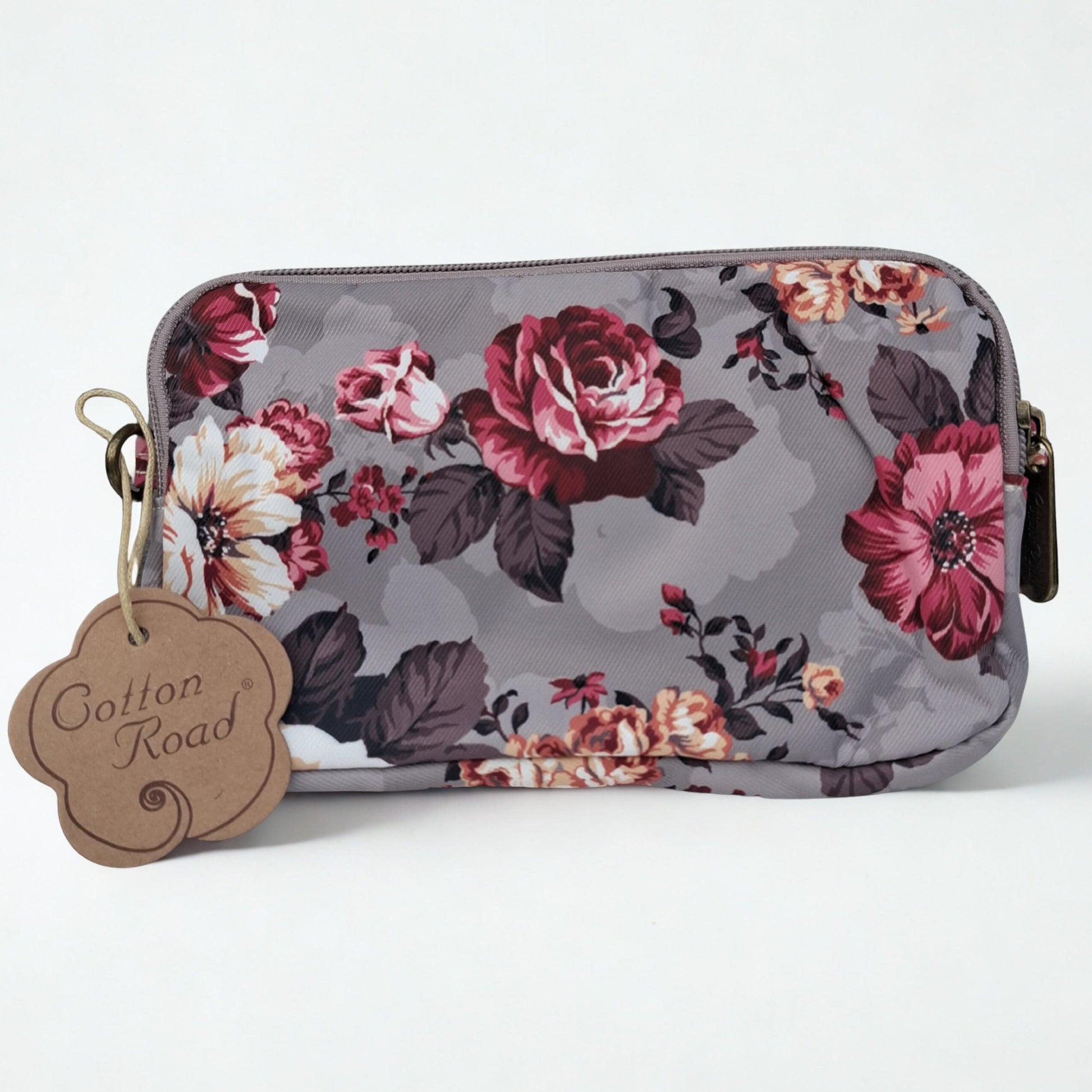 Cotton Road Sling Bag: BROWN GREY Canvas Mini Sling Bag with FLOWERS