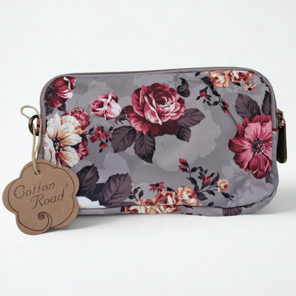 Cotton Road Sling Bag: BROWN GREY Canvas Mini Sling Bag with FLOWERS