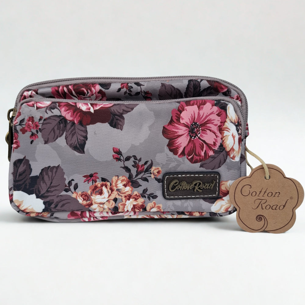 Cotton Road Sling Bag: BROWN GREY Canvas Mini Sling Bag with FLOWERS