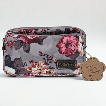 Cotton Road Sling Bag: BROWN GREY Canvas Mini Sling Bag with FLOWERS