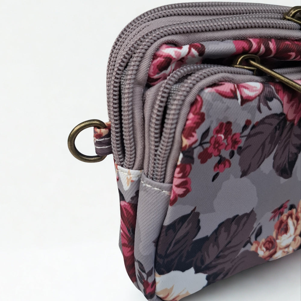 Cotton Road Sling Bag: BROWN GREY Canvas Mini Sling Bag with FLOWERS