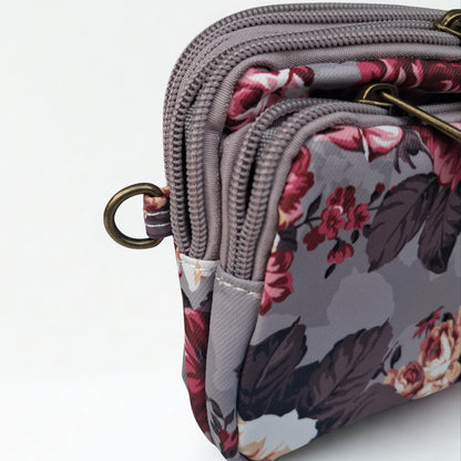 Cotton Road Sling Bag: BROWN GREY Canvas Mini Sling Bag with FLOWERS