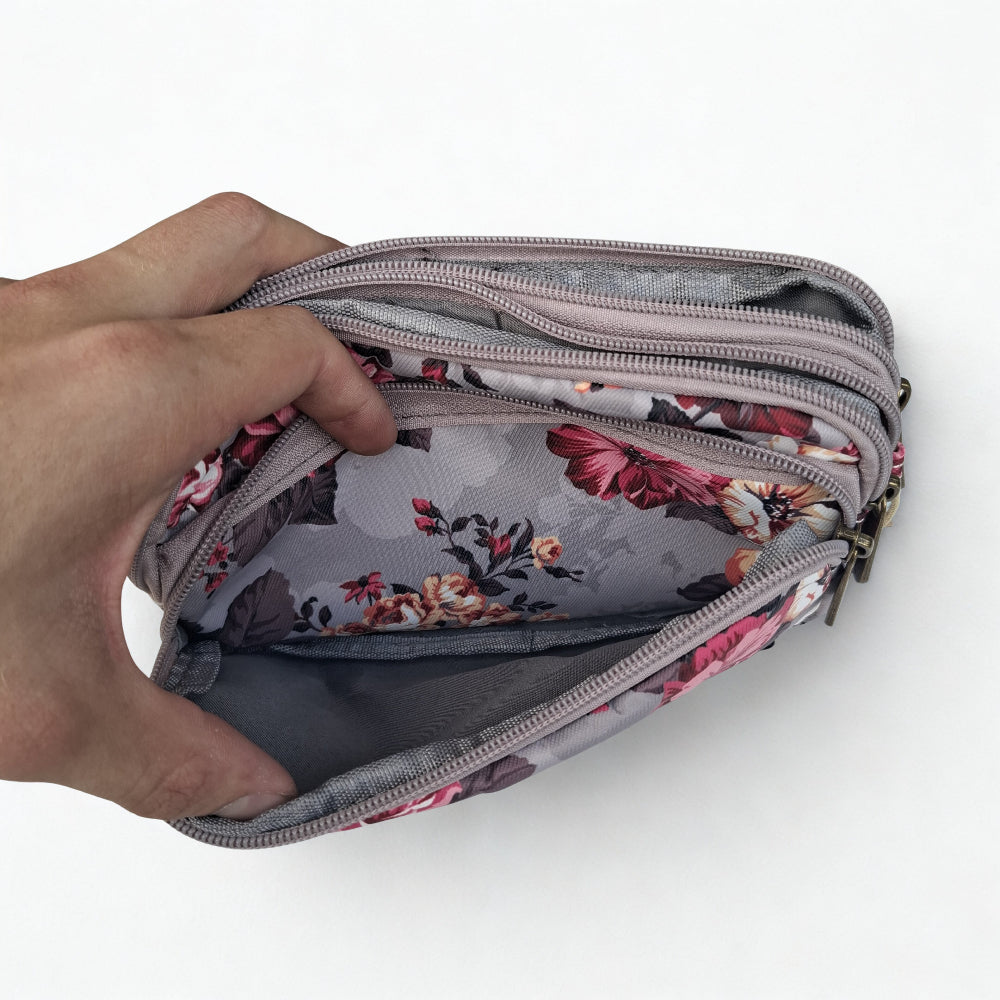 Cotton Road Sling Bag: BROWN GREY Canvas Mini Sling Bag with FLOWERS