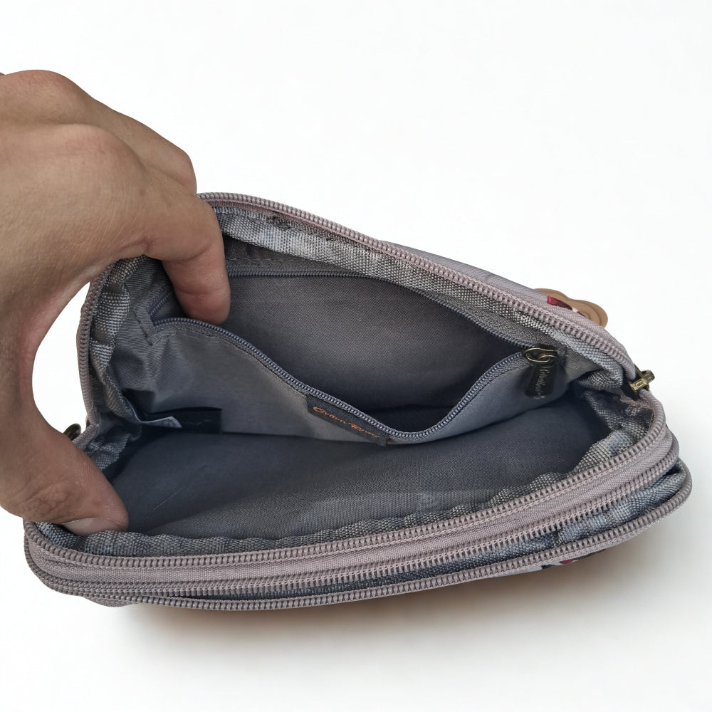 Cotton Road Sling Bag: BROWN GREY Canvas Mini Sling Bag with FLOWERS