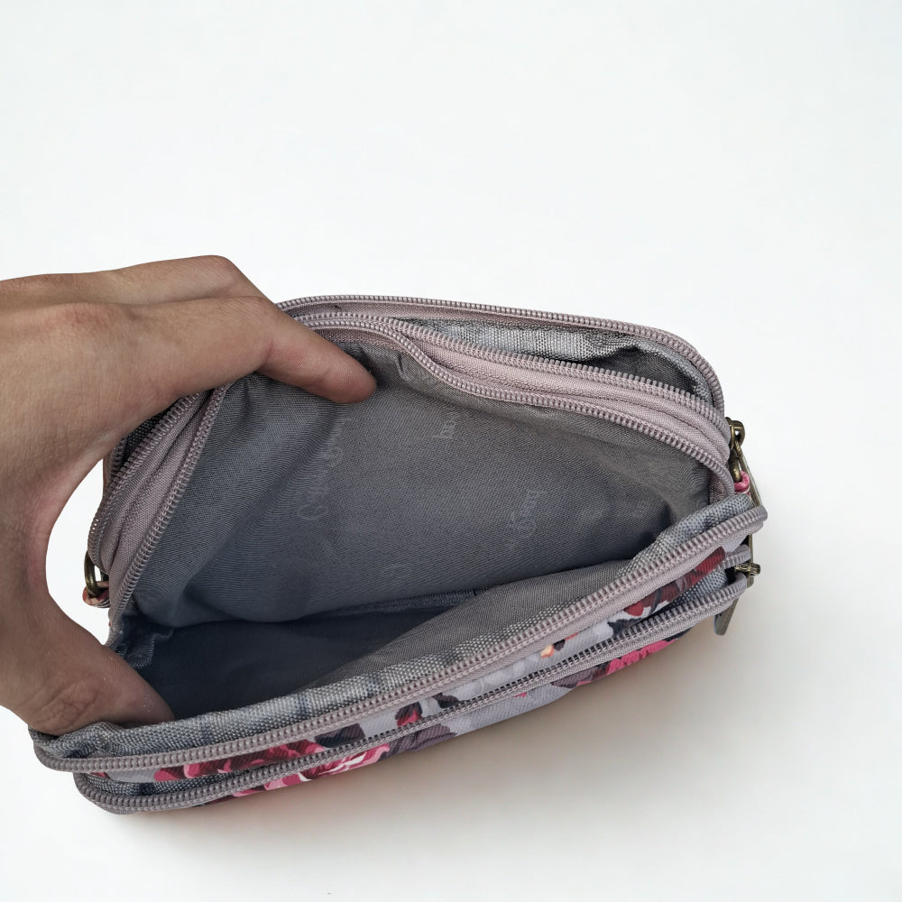 Cotton Road Sling Bag: BROWN GREY Canvas Mini Sling Bag with FLOWERS