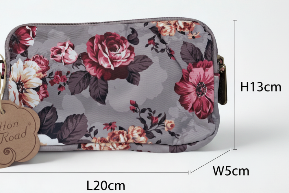 Cotton Road Sling Bag: BROWN GREY Canvas Mini Sling Bag with FLOWERS